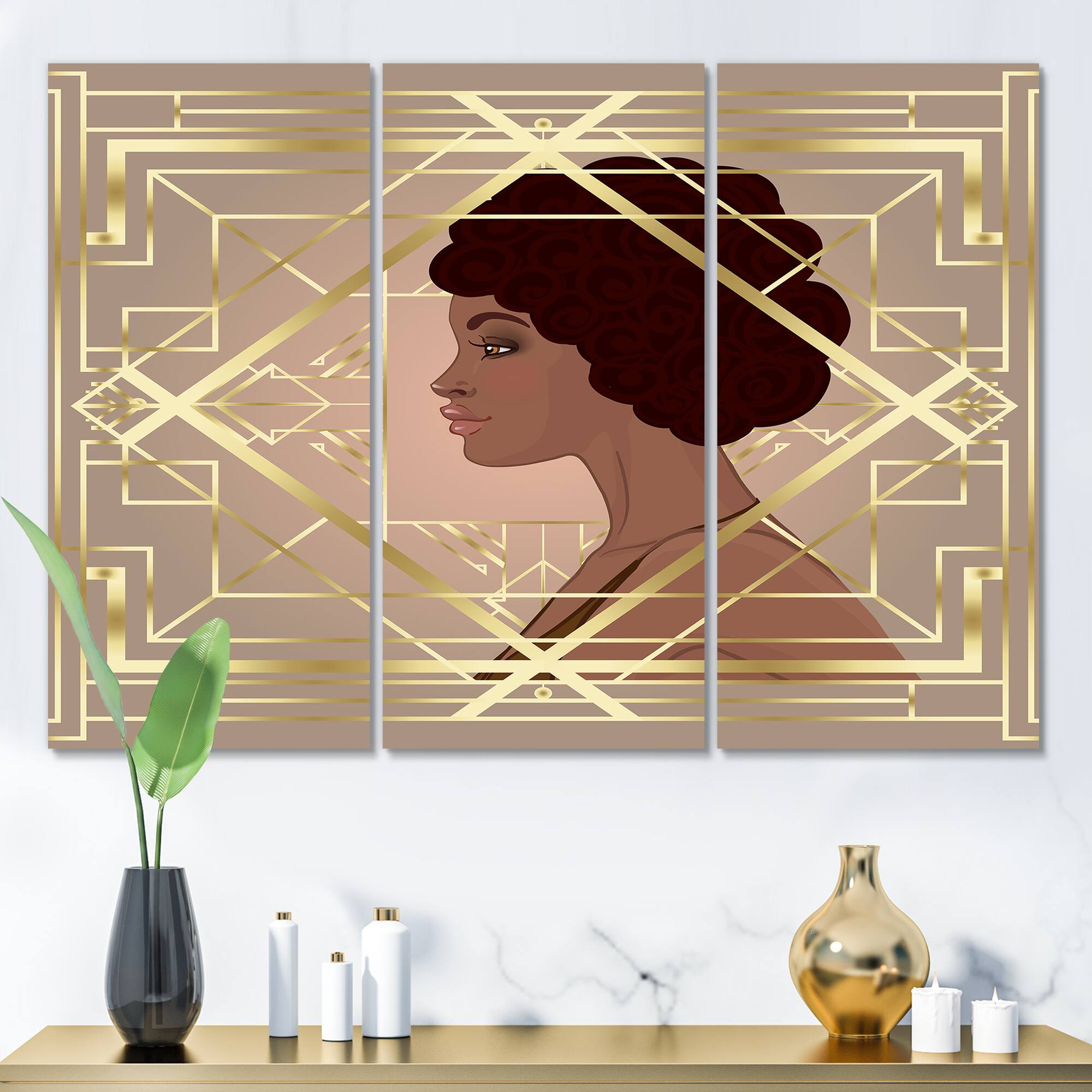Designart - Retro Women In Golden Art Deco Geometrics II